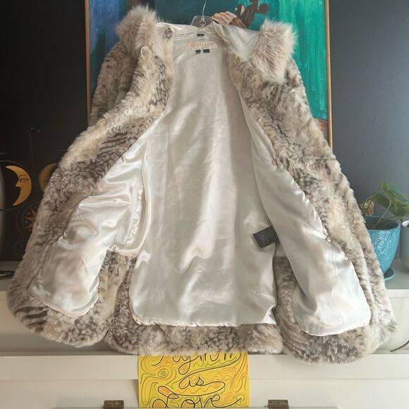 VTG! Nuage Collection Cream Faux Fur Hooded Coat Tiger Print L/G 90s Cozy Glam - Picture 9 of 15